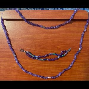Chipped amethyst & sterling silver w/hand painted lapis lazuli bars 20in 8in